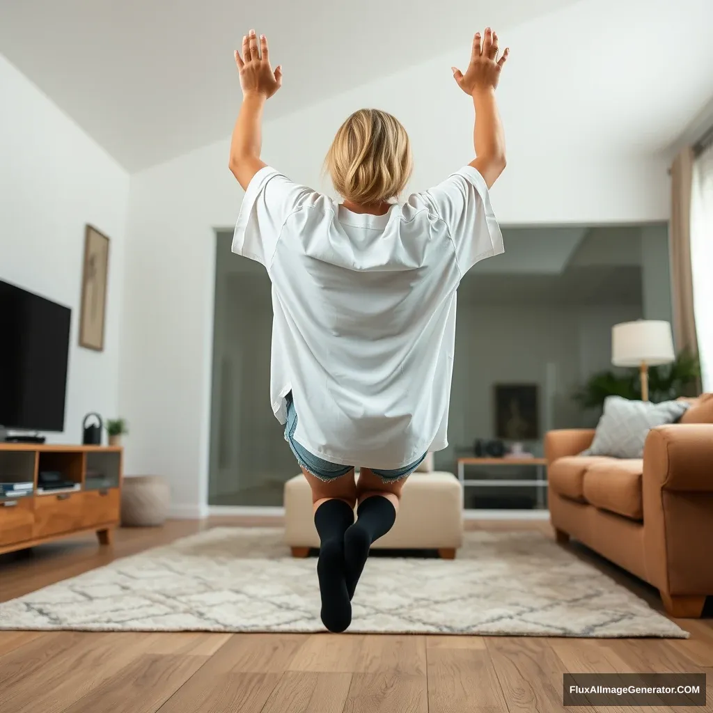 A right angle of a skinny blonde woman in her large living room, wearing a massively oversized white t-shirt that hangs unevenly on one of her sleeves. She also has on oversized light blue denim shorts that are not rolled up, and she’s wearing knee-high black socks without any shoes. She is facing her TV and diving headfirst with both arms raised beneath her head, which is looking up, while her legs are in the air at a -60 degree angle.