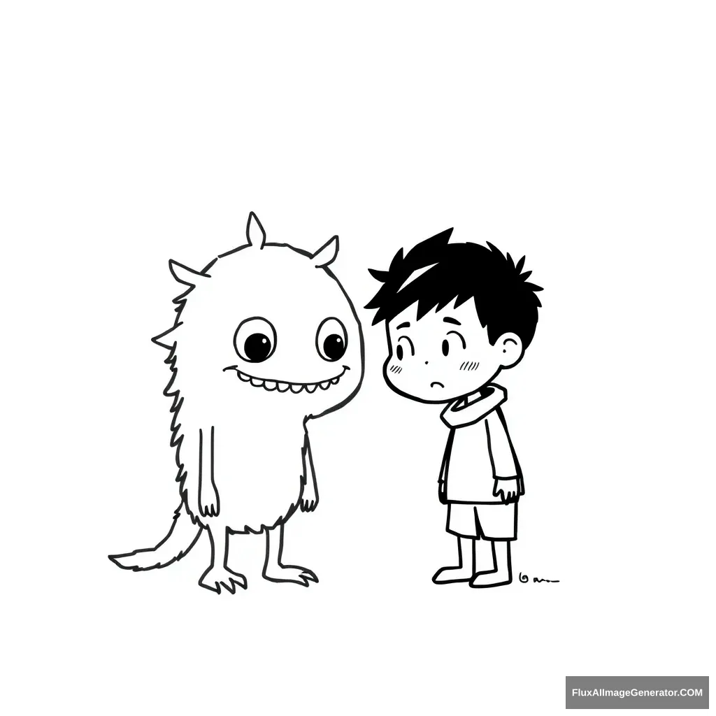 Simple line drawing  
Cute  
Monster and boy  
Head to head  
Thick lines  
Black and white  
Minimalist  
Sketch  
Cartoon style  
Outline  
huginnandmuninn_ style  