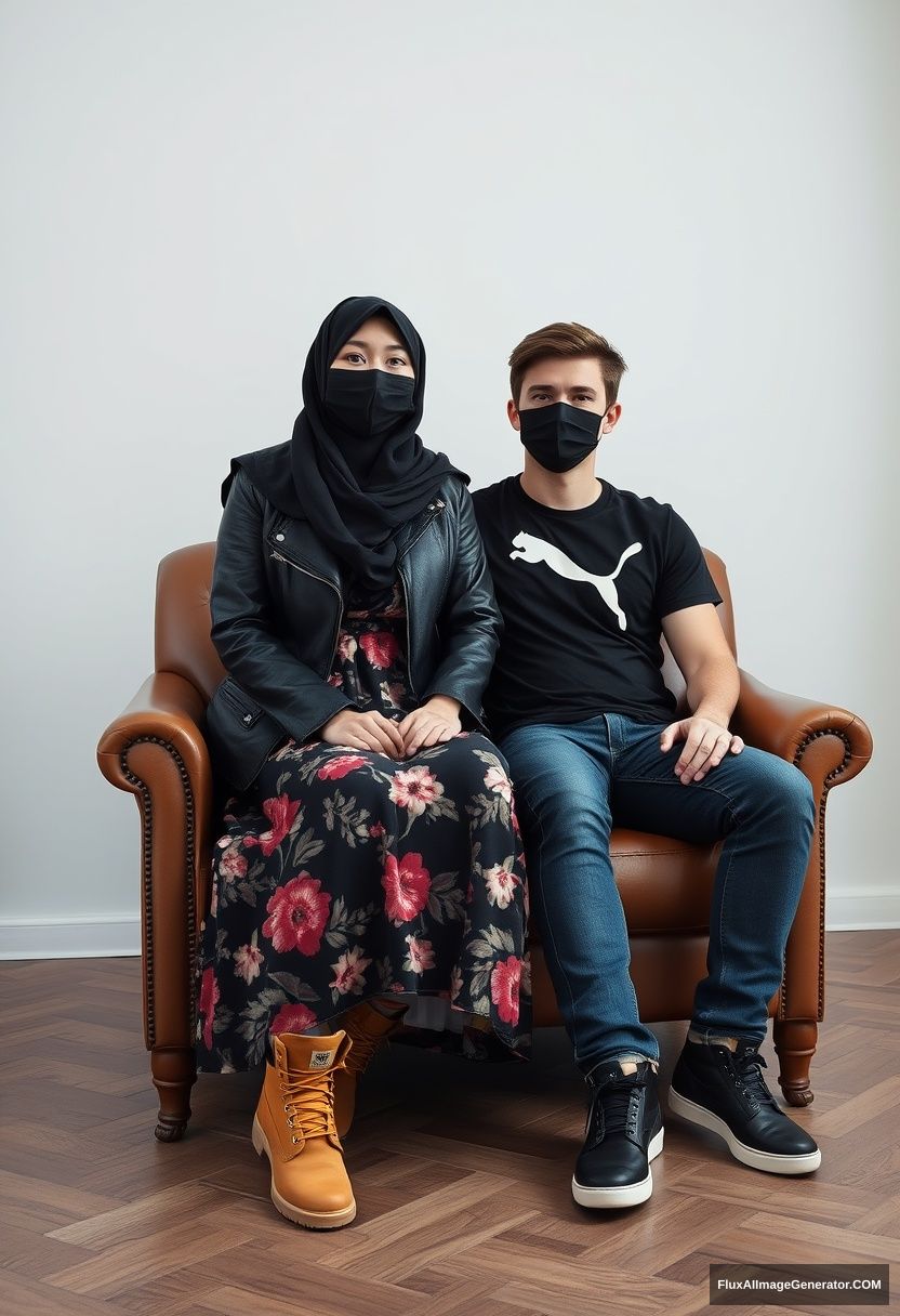 A biggest black hijab girl, slim girl, beautiful eyes, face mask black, black leather jacket, biggest floral long dress, Timberland boots, sitting on a leather single wing sofa,

Jamie Dornan, youngest, wearing a black Puma T-shirt, jeans, black leather sneakers, tall man, face mask black, fit body, sitting near her,

hyper realistic, studio photography. - Image