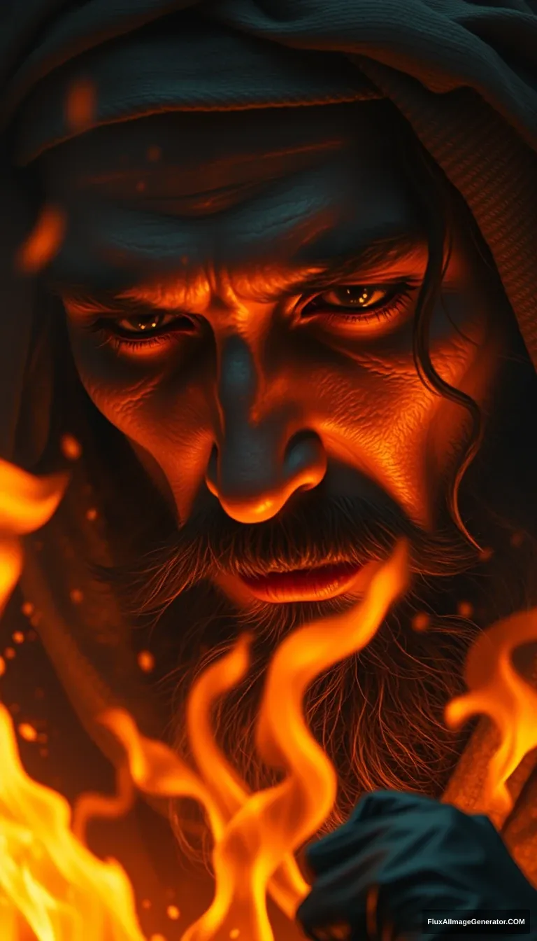 A close-up of Prophet Ibrahim's face, serene and unwavering, as he is thrown into the fire. Cinematic, dramatic, detailed, digital painting. Keywords: Prophet Ibrahim, faith, courage, determination.