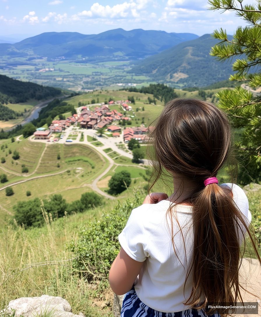 A girl looking at a village from a top hill. - Image