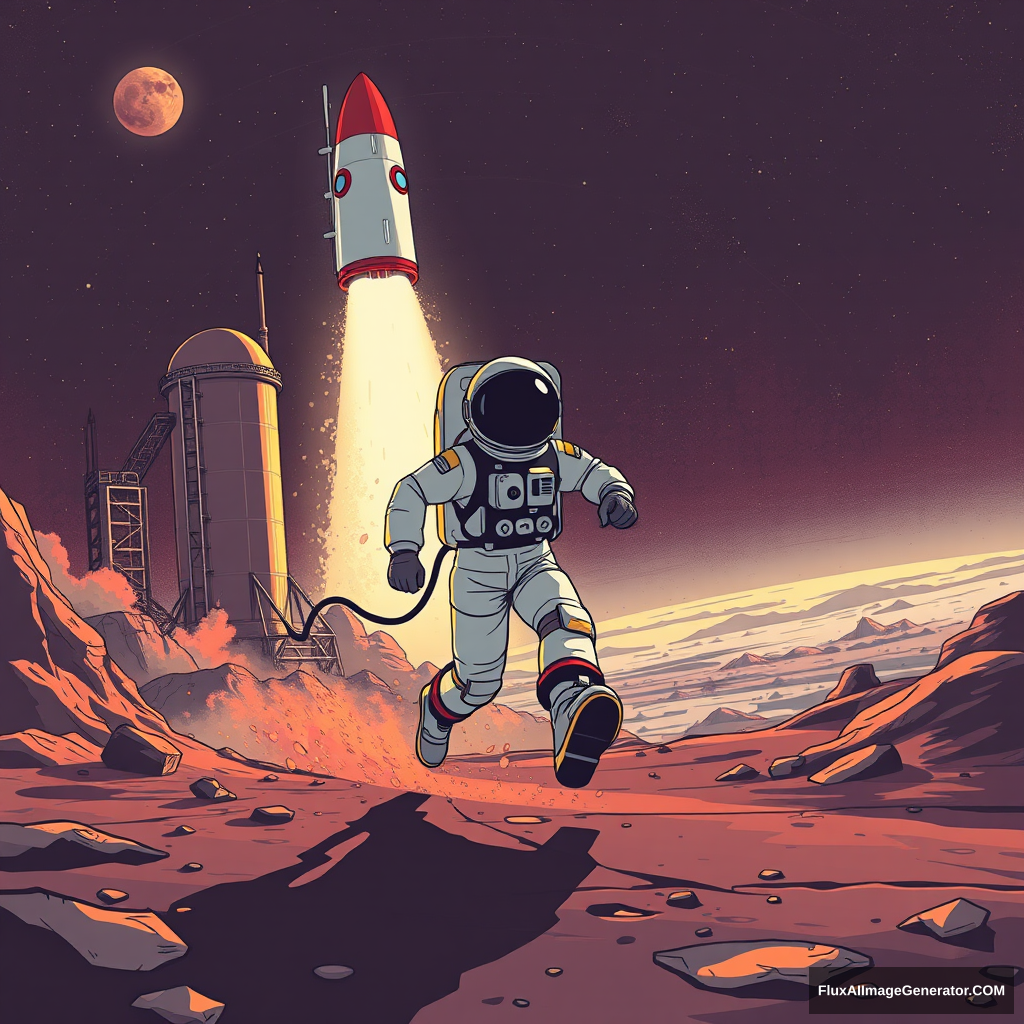 A cosmonaut running after a rocket for a flight to Mars, he is late to start, fun sci-fi art. - Image