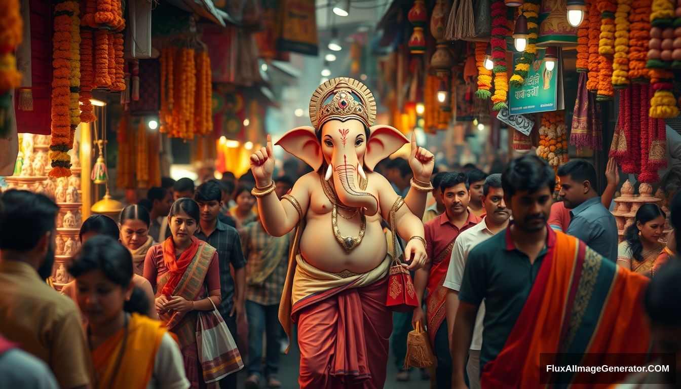 Visualize Lord Ganesha as a real human god, navigating a bustling, dense Indian market in preparation for his own festival. The market is lively and crowded, with vibrant stalls overflowing with marigold garlands, clay idols, sweets, and festival decorations. Surround him with real, everyday people who are unaware of his divine presence, going about their shopping, bartering with vendors, and carrying bags filled with festival essentials. Ganesha, dressed in a blend of traditional dhoti and modern attire, should be depicted with a serene yet amused expression as he picks out the best offerings, from the freshest flowers to the most ornate decorations. Capture the vivid colors, the cacophony of sounds, and the rich scents of an authentic Indian market, with Ganesha seamlessly blending into the crowd, embodying the divine in the midst of everyday life. It's evening time with lots of lights. unreal engine, 4k, change the camera angle. Ganesha should look like he is also walking with people.