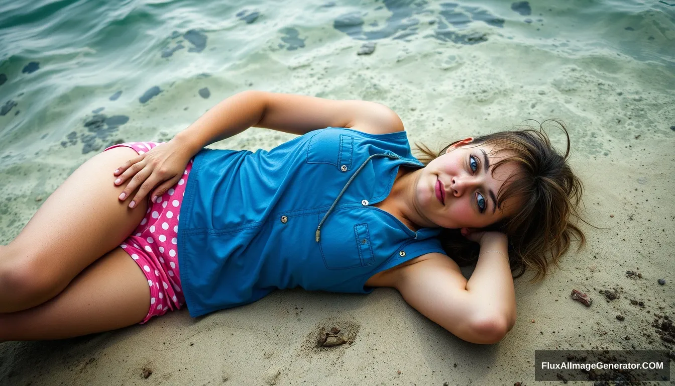 A woman is lying down and getting up on the island; she looks tired and dirty, has blue eyes, is 21 years old, wearing a blue vest and dot pink shorts.