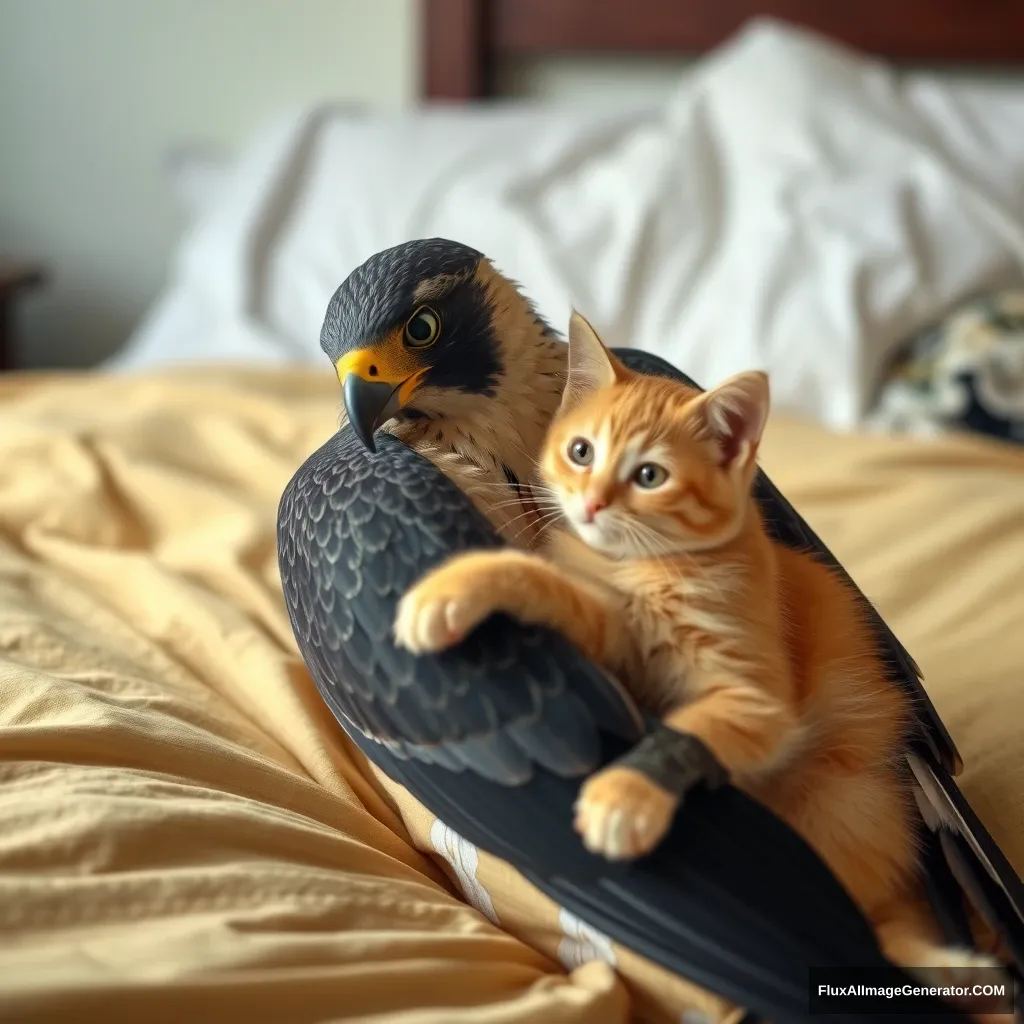 Peregrine Falcon hug with yellow cat on the bed. - Image