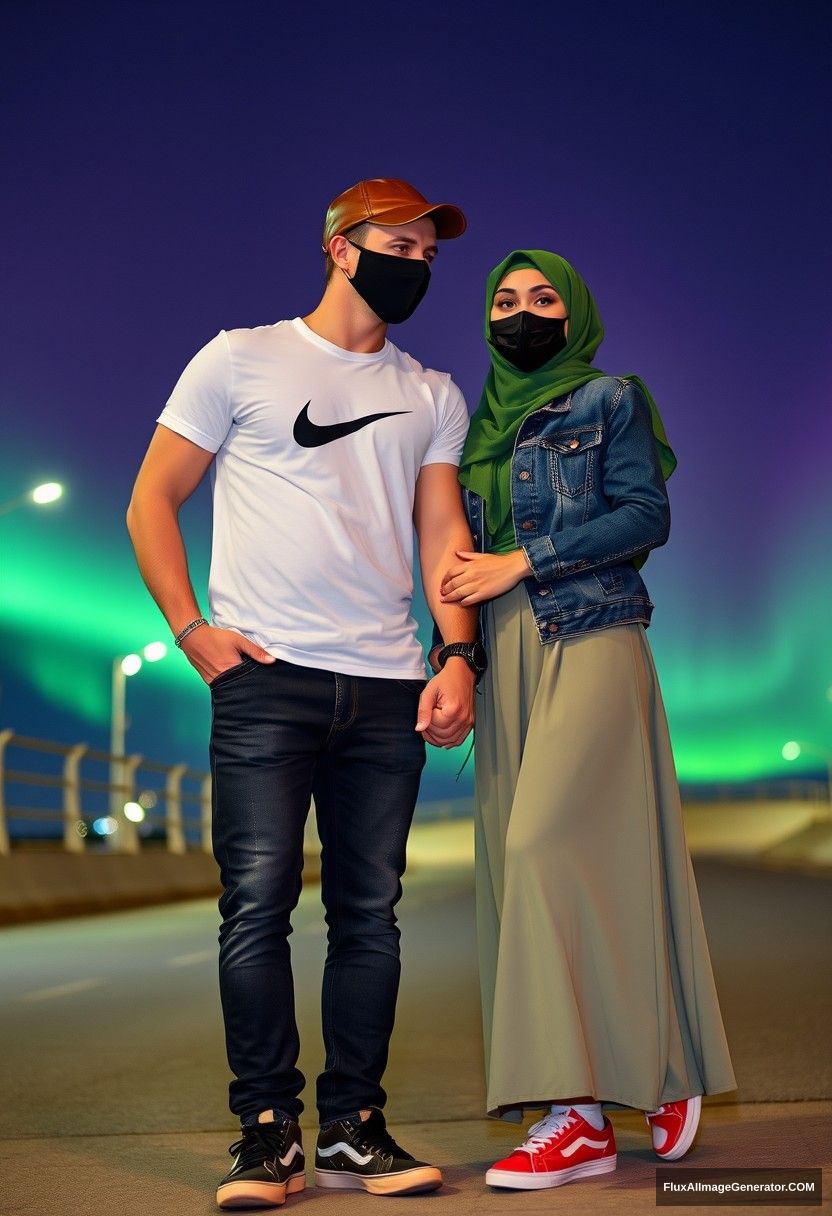 Jamie Dornan, handsome, leather cap, black face mask, white Nike T-shirt, jeans, sneakers, dating romantically with a Muslim girl in a green hijab, beautiful eyes, black face mask, denim jacket, very long skirt, not a tall girl, red sneakers, holding hands, photorealistic, street photography, full photography, selfie photos, night scenery, aurora. - Image