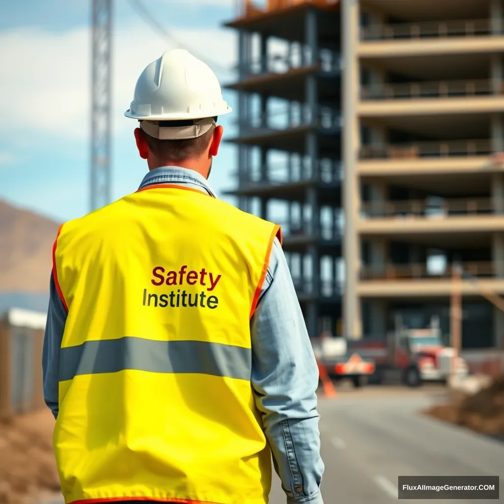 A photorealistic image of a construction worker walking away from a construction site, toward the camera. The construction worker should compose about ⅛ of the image. He is wearing a yellow vest that has “Utah Safety Institute” in white letters on the left chest. He is also wearing a white safety hat.