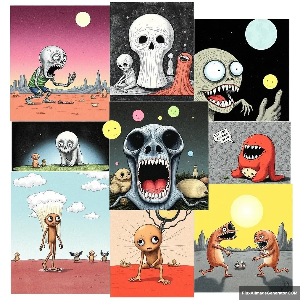 A collage of different extremely weird illustrations.