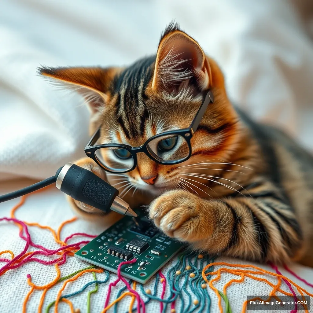 A mischievous tabby cat, wearing tiny spectacles, meticulously solders a circuit board with a miniature iron. Vibrant threads weave intricate patterns, mimicking electronic pathways. Soft fabric backdrop, warm lighting. Delicate French knots form components. Style: Hyper-realistic embroidery art, blending traditional craftsmanship with modern technology.