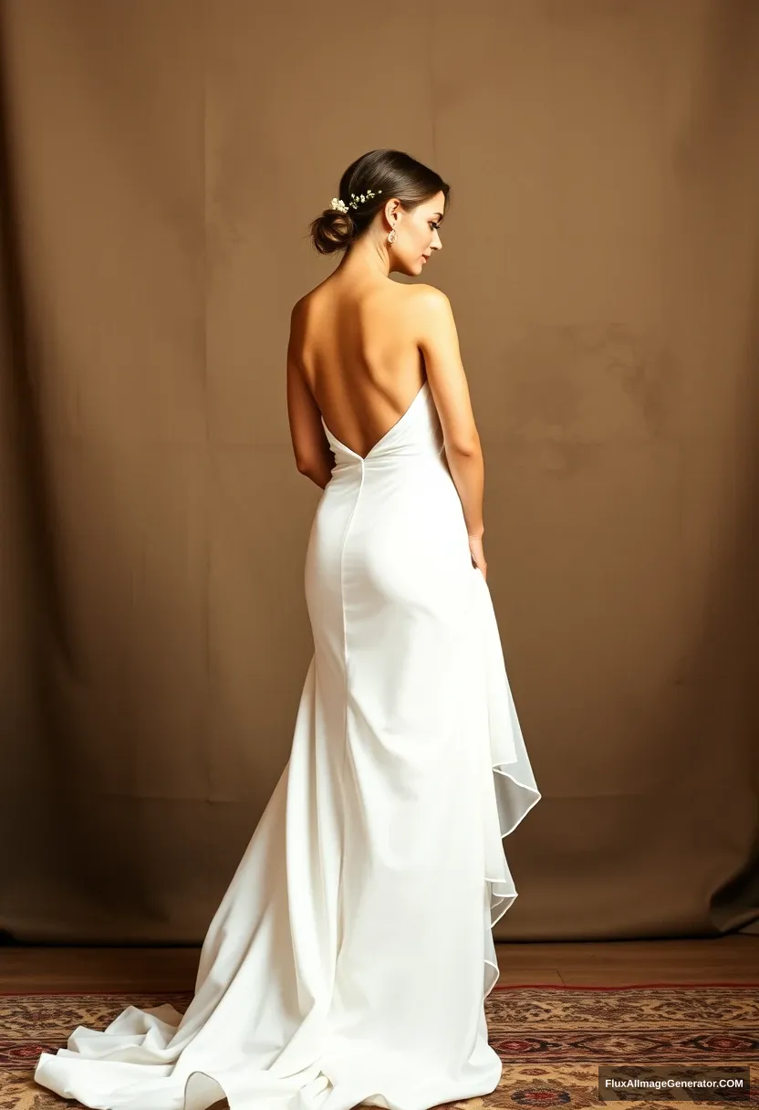 A short young woman, sensitive, delicate, backless strapless side-less low-waisted contouring wedding dress with a breezy loose open back spilling open to the sides, that seems like it was intentionally left undone, in front of elder patriarchy, expectations, perfect posture.