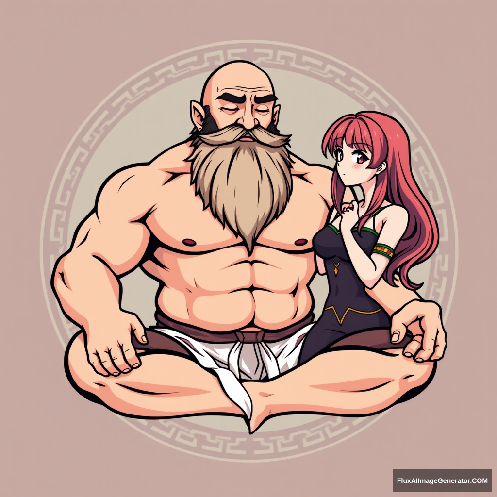 Yoga Center logo: a muscular large bald dwarf with a beard in the lotus position flirting with an anime woman.