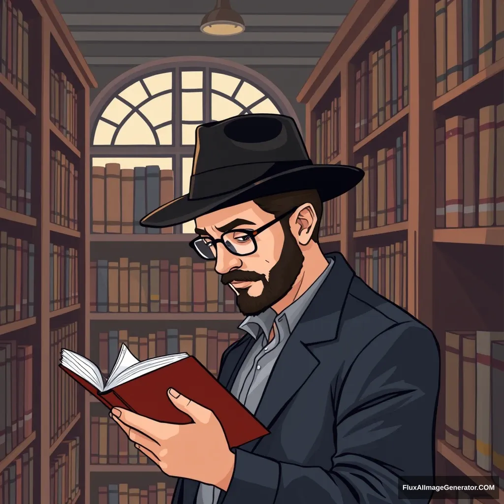 Illustrate a man in the library wearing a black fedora and reading a book.