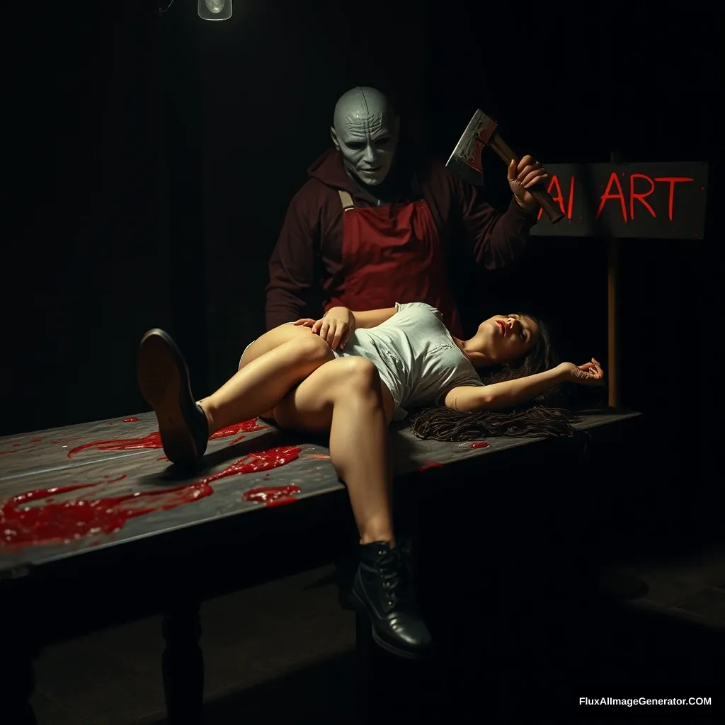 A woman lay on the butcher table, shoes, night, neo. The sign said: "AI ART," a horrible butcher with a mask standing behind in the dark with a bloody axe in hand.