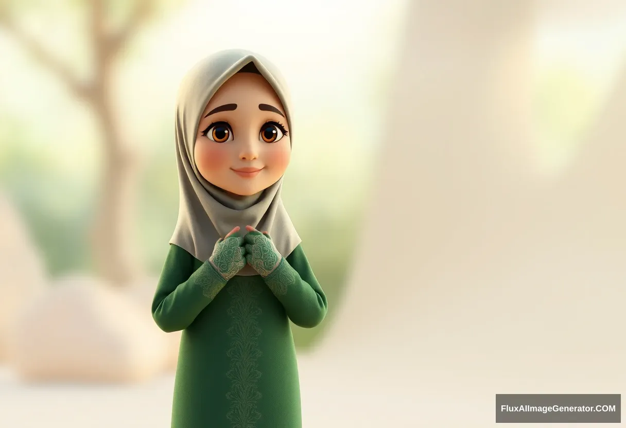 A 3D, 8k animated cartoon depiction of a Muslim woman from Palembang, wearing a traditional long songket and a long gown (gamis). She is adorned with a hijab that covers her chest and wears batik gloves covering her hands.