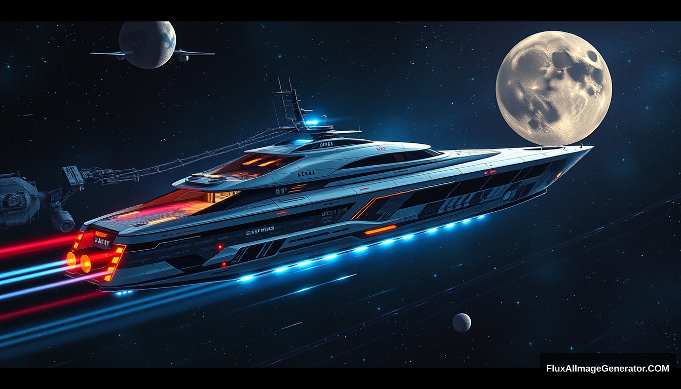 A futuristic space yacht in a Star Wars inspired style, as painted by Syd Mead, deep space setting, 4k, full-length mural along the side. - Image