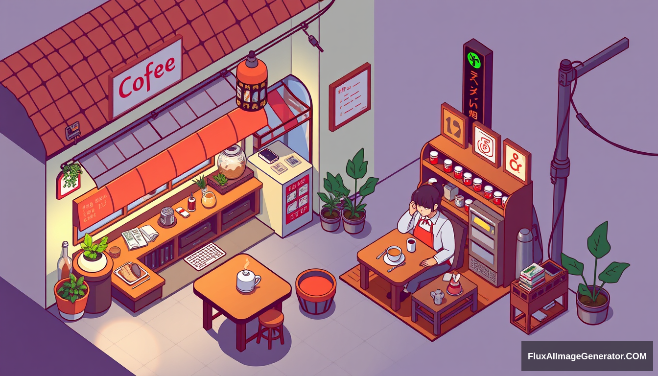 topdown ((pixelart)) isometric coffee shop, cartoon stylized style, yokai theme