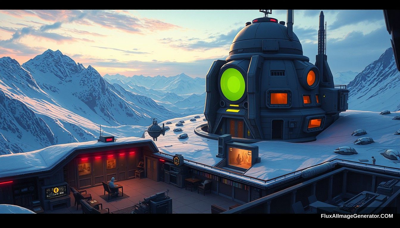 Cel shaded art, wide shot, a sci-fi center on the top of a snow mountain, open air, close look, cyberpunk, military base, Star Wars style, indoor, patio.