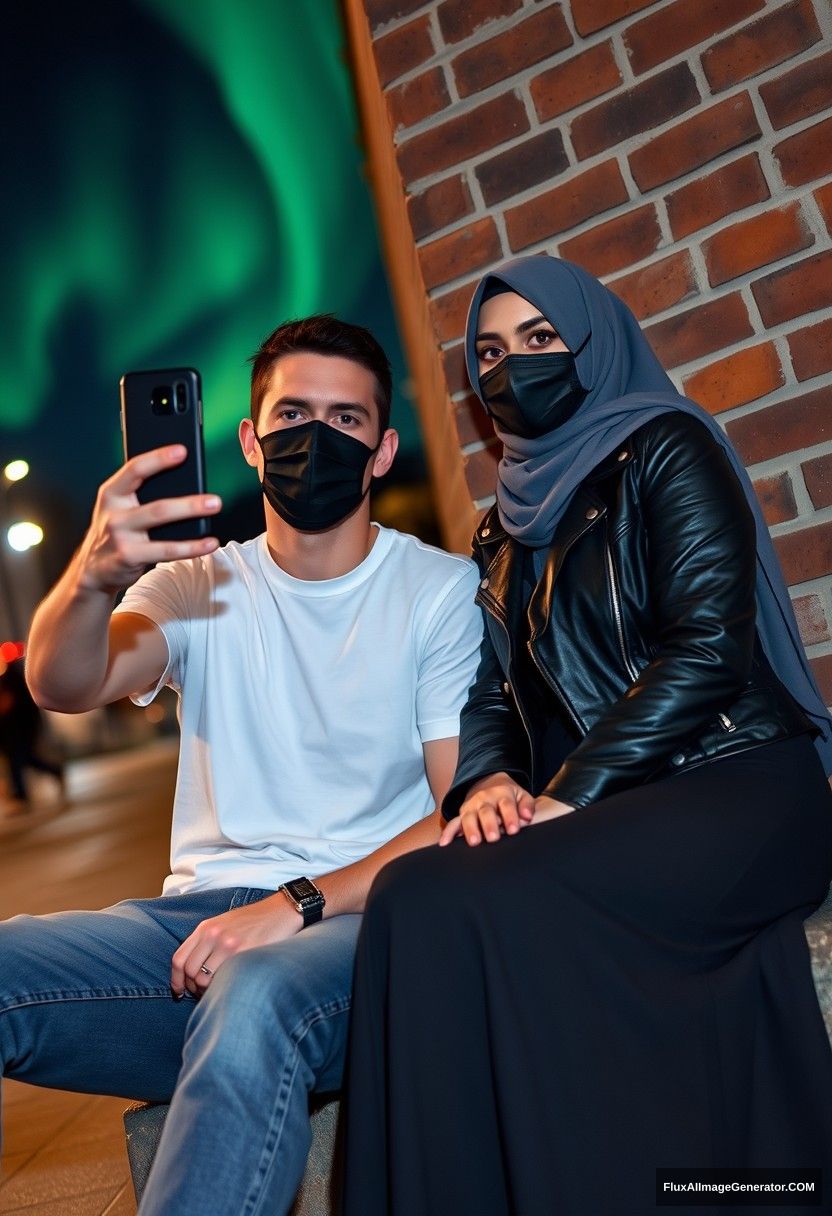 Jamie Dornan, tall and handsome, wearing a black face mask, white Nike t-shirt, and jeans, dating a beautiful Muslim girl in a grey hijab with beautiful eyes, wearing a black face mask, leather jacket, and a very long and large skirt, who is not tall. They are sitting against a brick wall in town, in a photorealistic street photography style, capturing selfie photos in a night setting with the aurora borealis. - Image