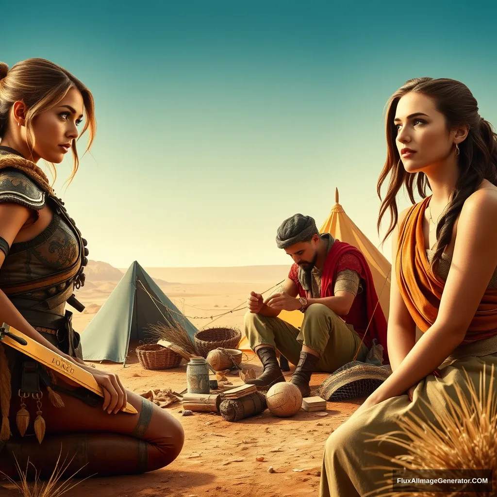 "A movie poster depicting a female warrior on the left, a carpenter crafting something in the middle, and a beautiful girl on the right looking at them disdainfully, all camping in a desert." - Image