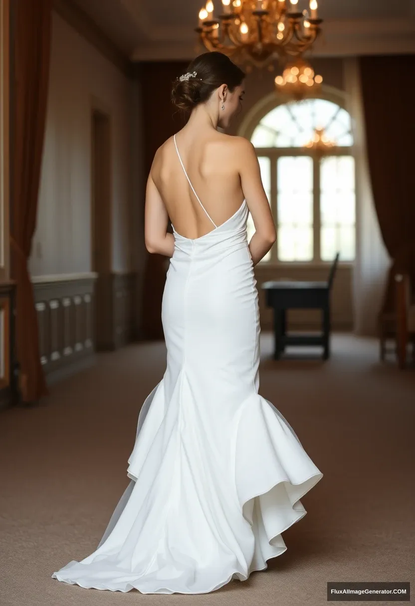 a short young woman, sensitive, delicate, ashamed, backless strapless side-less low-waisted sagging contouring wedding dress, in front of patriarchy, expectations