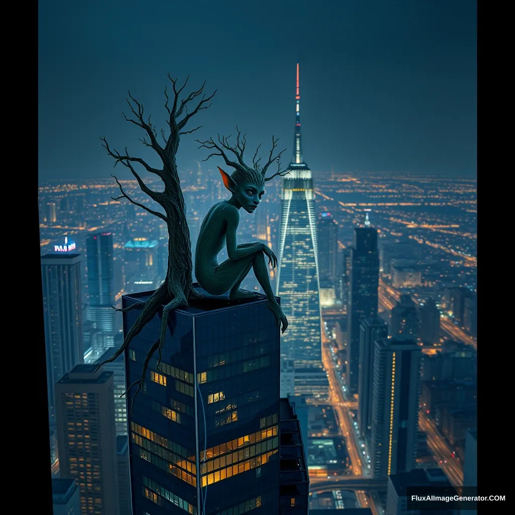 At night, a tree elf sits on a bustling urban skyscraper.