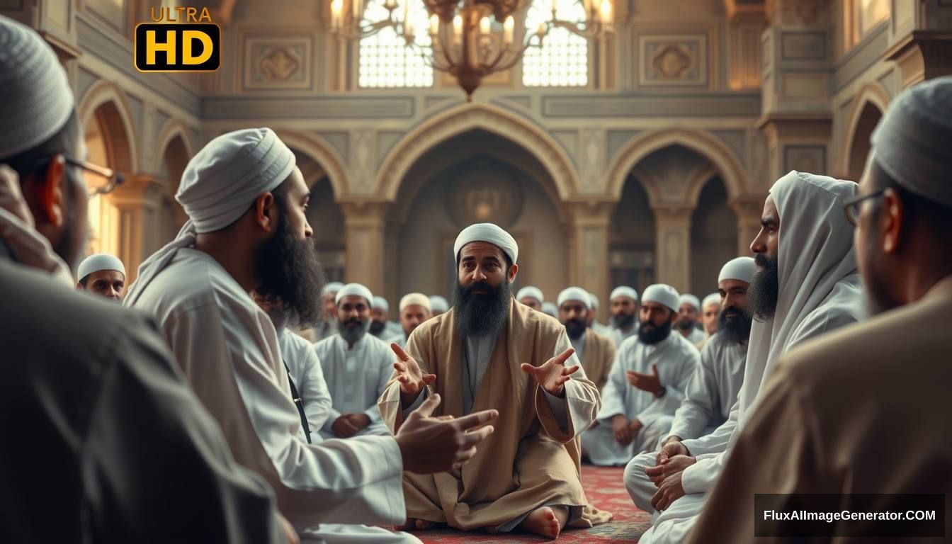 Prophet Muhammad (SAW) addressing his companions in a mosque, explaining the signs of Dajjal. The scene is filled with calm yet serious expressions, emphasizing the importance of the message. Ultra HD, realistic, respectful, with soft and cinematic lighting.