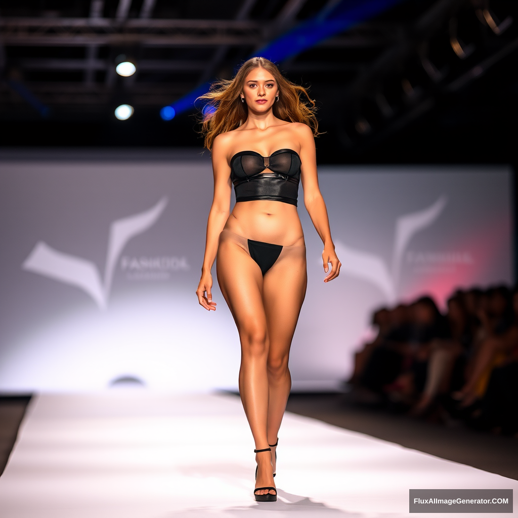 Pantyhose model on runway for a fashion show. Wearing pantyhose and tube top. - Image