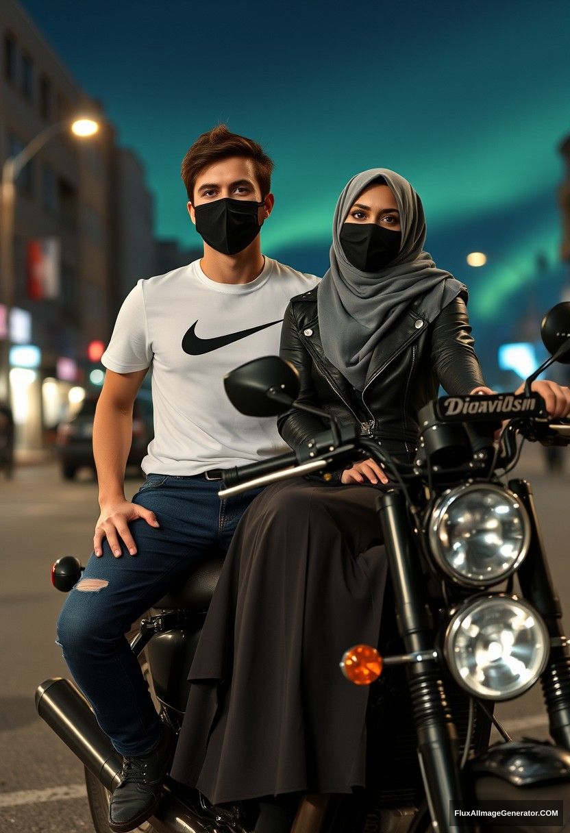 Jamie Dornan, tall, young, black face mask, white Nike T-shirt, jeans,

dating romantically with a grey hijab-wearing Muslim girl, beautiful eyes, black face mask, leather jacket, very long and big skirt, not a tall girl,

sitting for photography on a Harley Davidson motorbike together, in town, photorealistic, street photography, night scenery, aurora borealis. - Image