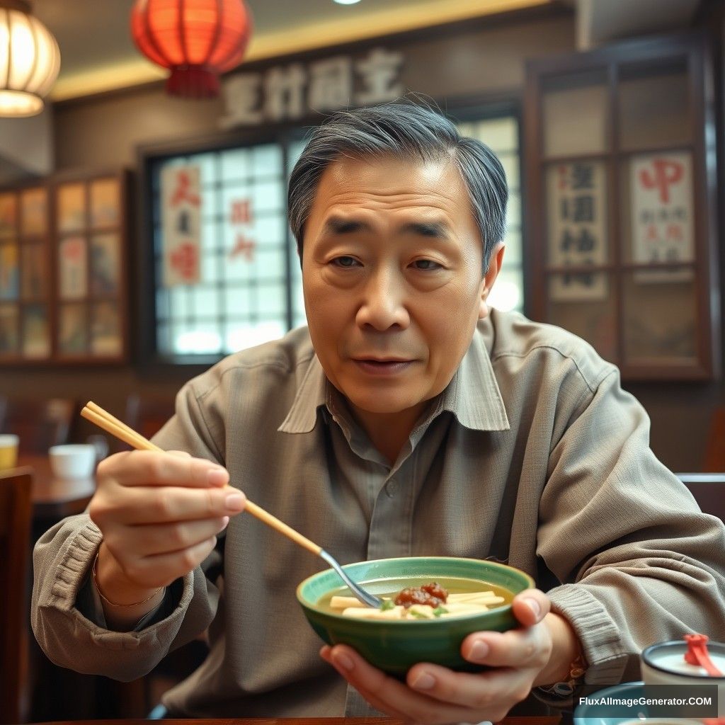 A man in his 40s, enjoying galbitang, realistic, with a green bowl of galbitang, in a traditional Korean restaurant with a traditional atmosphere. - Image