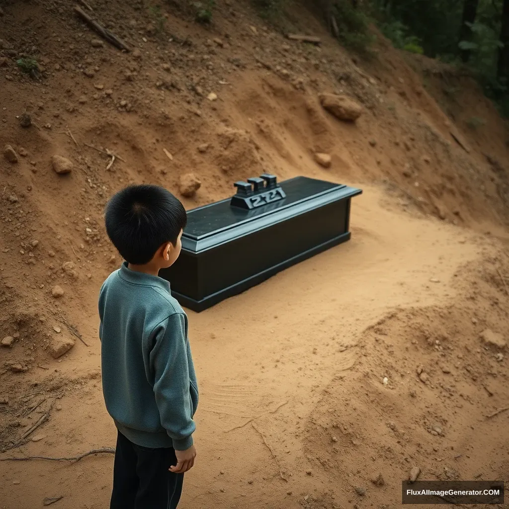 A 17-year-old Chinese boy is looking at a black coffin from a distance on the dirt slope 16:11.