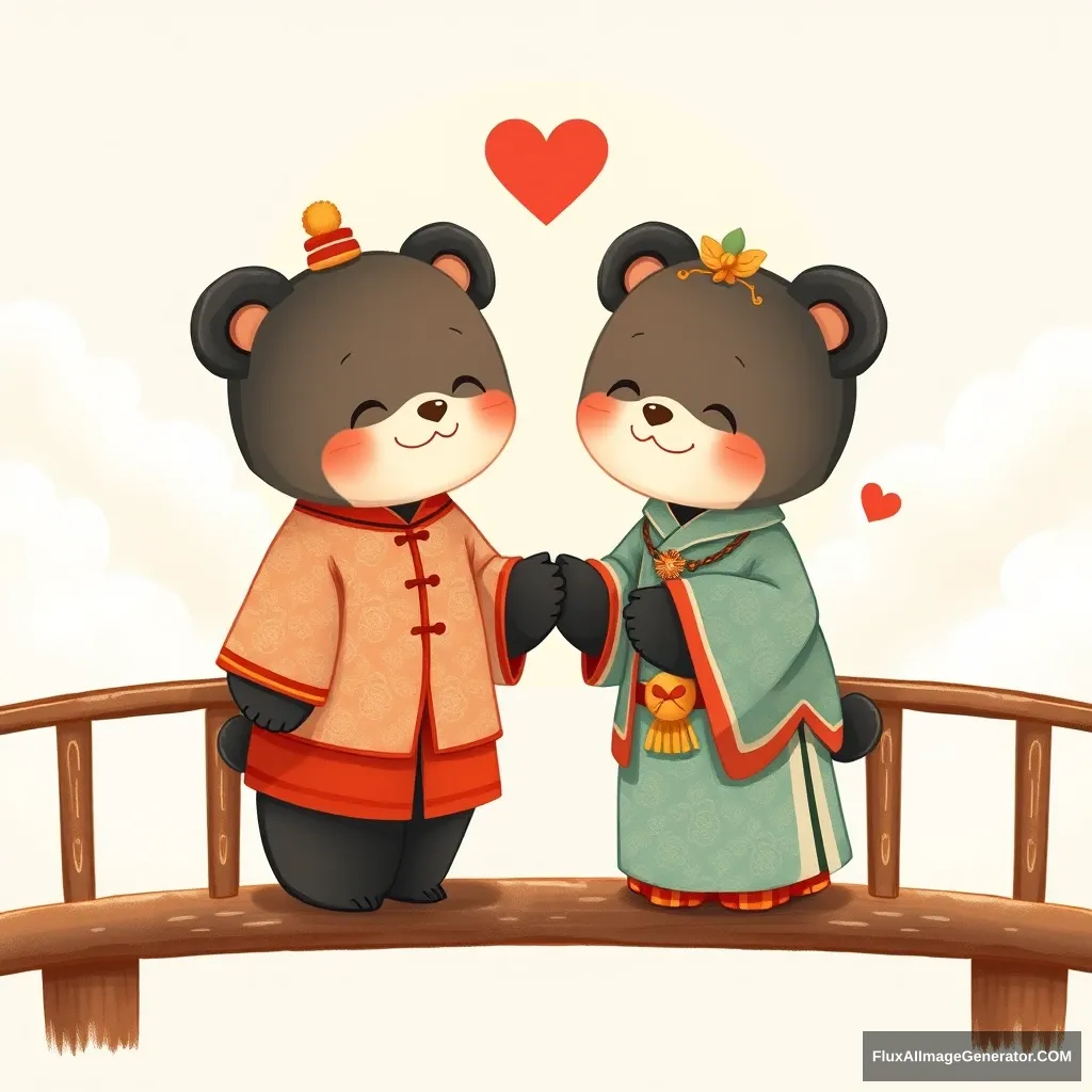 love, traditional Chinese clothing, cute small joyful male bear and female bear meeting on a bridge, clouds, traditional Chinese mythological colors, by joey moya, cute, in the style of minimalistic drawings, ultrafine detail, light, bright, creative commons attribution, painted illustrations, serene faces.