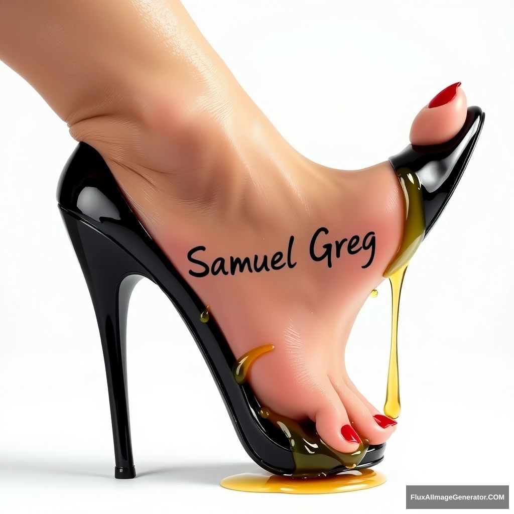 The name "Samuel Greg" is on a woman's foot in a black high heel. There is oil all over the foot. - Image