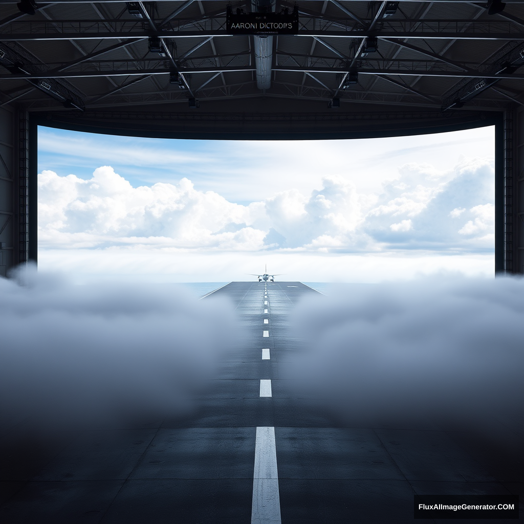 1100 feet tall, 2350 feet wide, a screen displaying clouds and sky with a tiny little runway leading from a vantage point toward the screen. The runway's vantage point appears larger as it comes to the forefront of the overall image, set on a beach, with a theme reminiscent of the movie 300 or Kanye West's "Blood on the Leaves." Fog occupies both sides of the runway, filling all available space with no gaps, making the only visible area on the ground the runway itself, but not extending over the runway, only affecting the side areas. There are no people in the image, and the overall depiction is in 4k resolution. Change the sky to an all-white wall, similar to a photographer's white room in a vast, endless warehouse with no ceiling or other walls. There are no airplanes in the image.