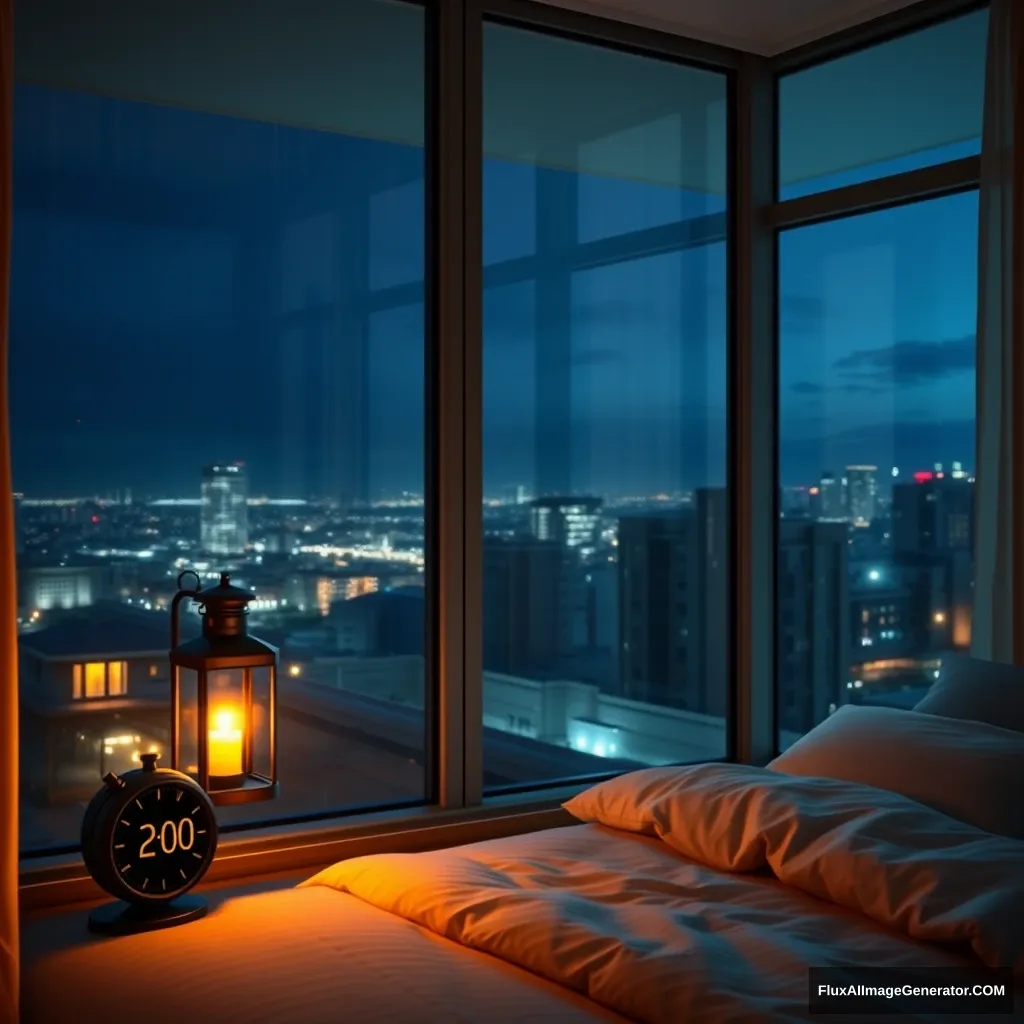 Glass window bedroom modern apartment, lantern lighting, night scenery, 2:00 am on the clock at the desk behind the bed, hyper-realistic, photorealistic. - Image