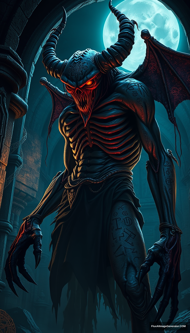 A grotesque demon necromancer, half-transformed into a lich, looms in a moonlit crypt. Decaying flesh clings to exposed bones, eyes glowing with unholy power. Intricate runes etched on skin, surrounded by swirling necrotic energy. Dark fantasy style, chiaroscuro lighting, Gothic architecture.