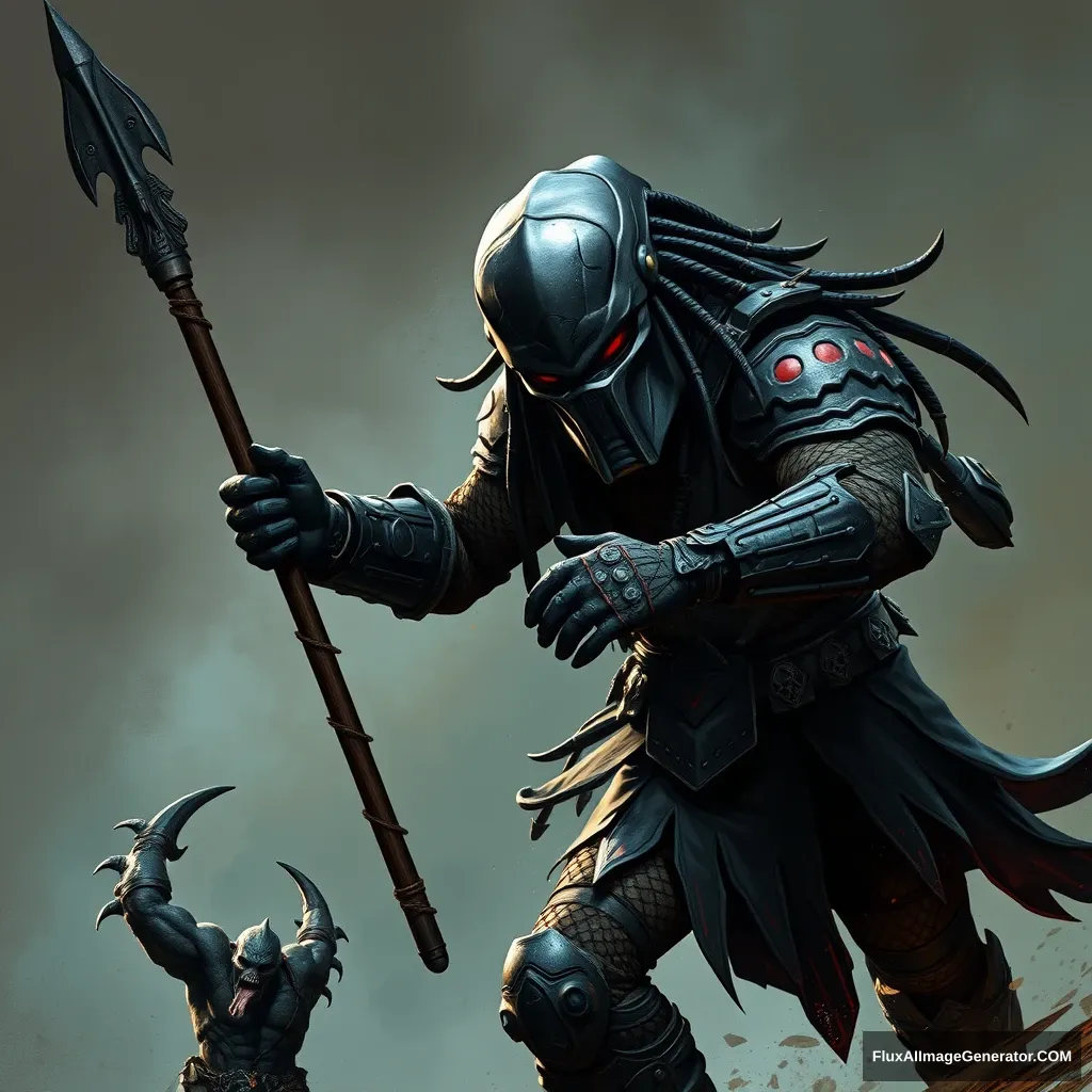 Predator in black armor with red lines, jumping to stab an orc with a spear. - Image