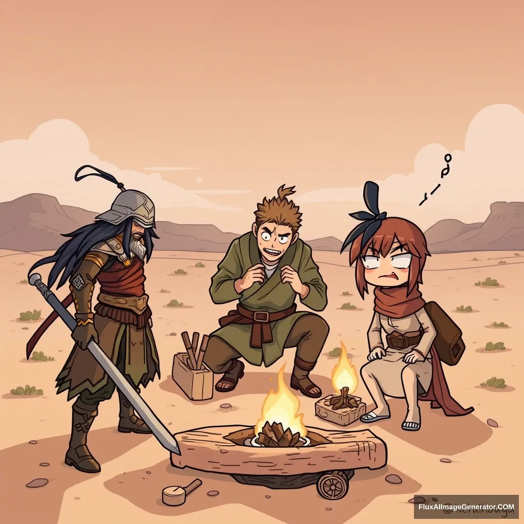 "A picture of a magical warrior on the left, a carpenter making something in the center, and a Japanese cartoon character on the right looking at it with disdain, all camping in the desert."