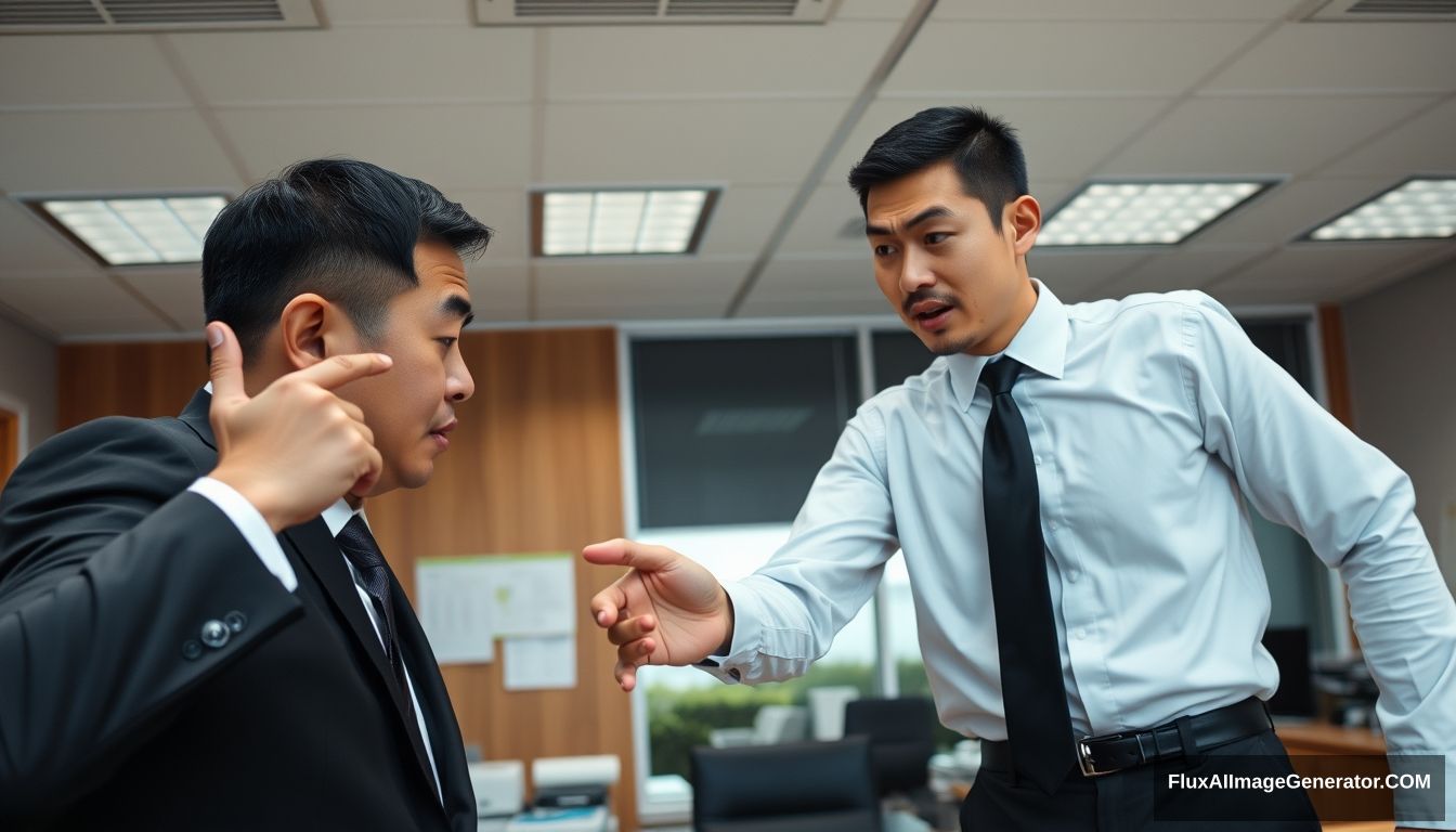 This is an office scene. Ultra wide shot. There is a man in a black suit on the left side of the screen. His name is Paul, an Asian. Paul is very angry. He smacks his hand and points to the right at another man wearing a white shirt and a black tie. They are quarreling. His name is Ivan, an Asian. Ivan's opponent made a blocking gesture and had a disgusted facial expression.