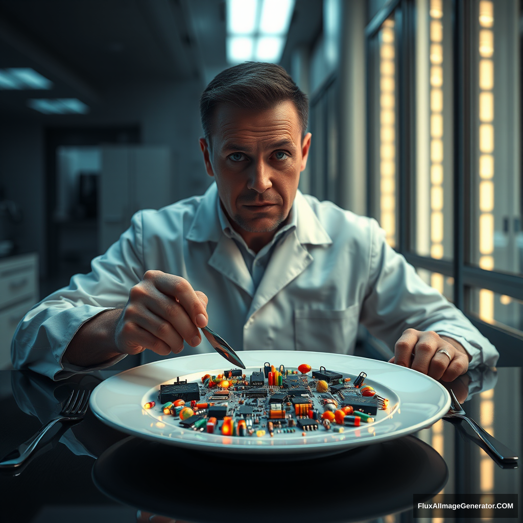 A meticulous engineer dines alone in a sleek, dimly-lit laboratory. Hyper-realistic details reveal his pristine white coat, furrowed brow, and steady hands wielding a silver knife and fork. On his plate, an intricate arrangement of gleaming microchips, resistors, and LEDs replaces traditional food.