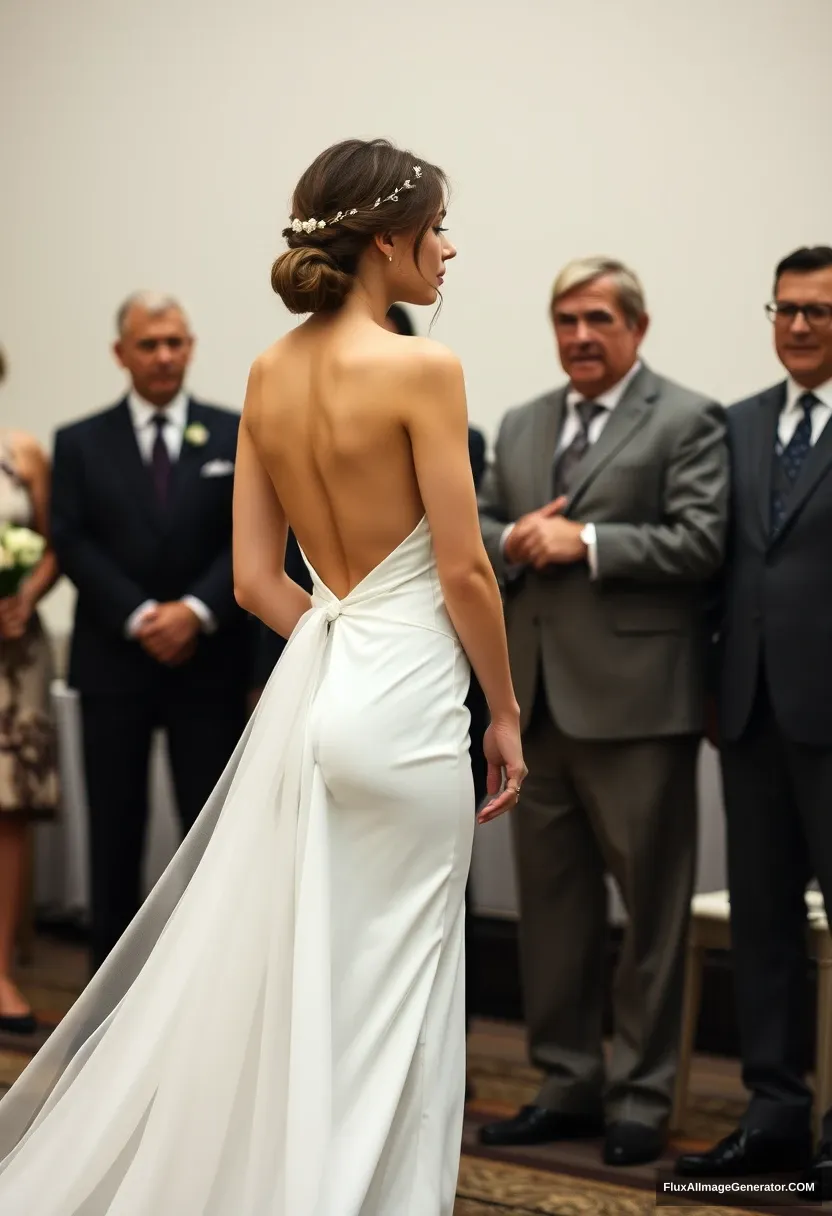 A short young woman, sensitive, delicate, backless strapless side-less low-waisted contouring wedding dress with a breezy loose open back spilling open to the sides, that seems like it was intentionally left undone, in front of the council of fathers. Expectations. Perfect posture. Pale skin.