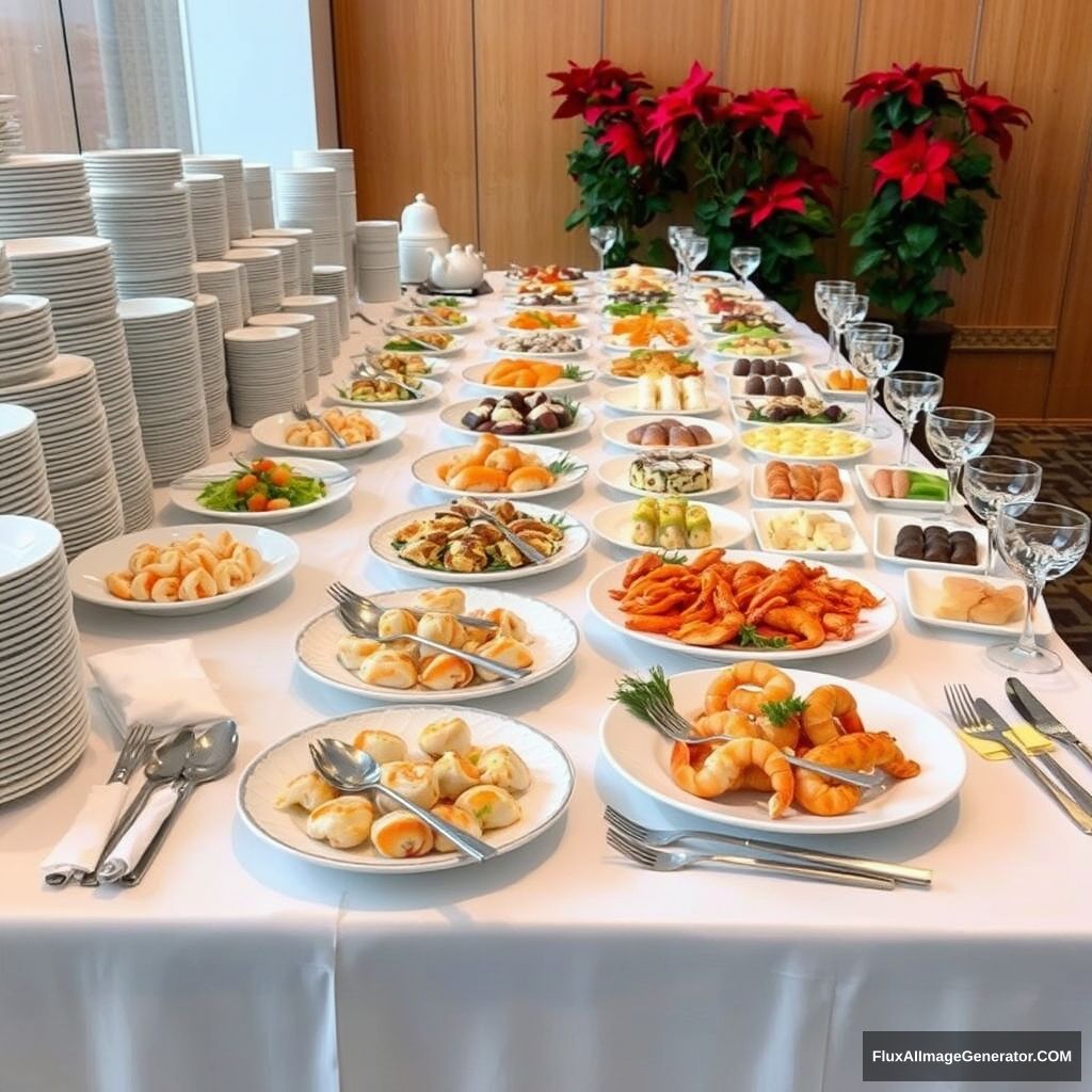 Photograph of a five-star buffet setup featuring a variety of elegant seafood dishes on a long table covered with a white tablecloth. The table includes luxurious plates of seafood salads, shrimp rolls, grilled fish, and assorted sushi, with high-end stainless steel utensils and crystal glassware neatly arranged. There are stacks of fine china plates and bowls on the left side, along with high-quality napkins. The background features a wooden panel wall with festive red poinsettia plants adding a touch of elegance. The overall atmosphere is sophisticated and organized, ready for guests to enjoy a premium dining experience. - Image