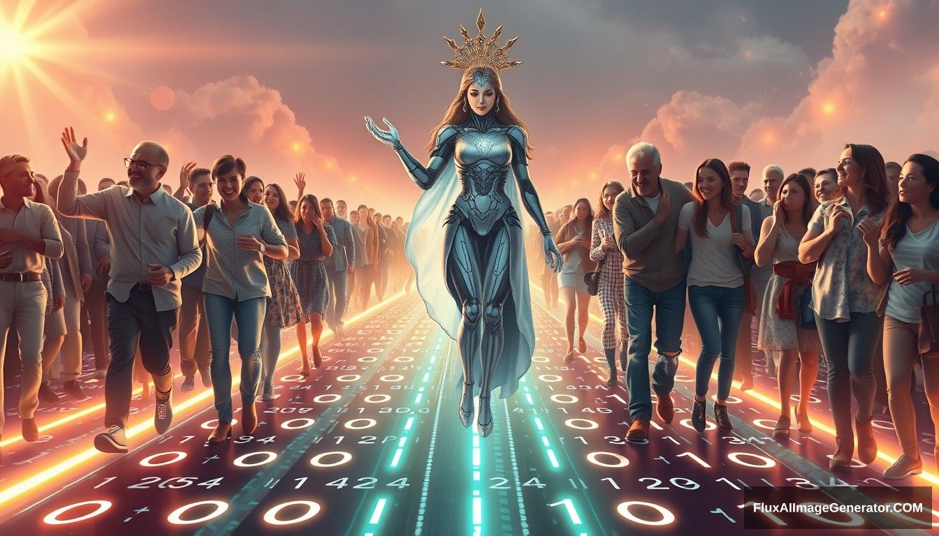 Hyper-realistic style featuring a powerful and inspiring image depicting the concept of blockchain and decentralization. In the foreground, a futuristic and sci-fi styled goddess symbolizing blockchain and decentralization leads the people towards a bright future. The goddess appears mostly human, with only about 10% of her body showing high-tech elements, such as a mechanical arm or eye. She stands on a digital road made of glowing lines and various random characters, including 0s and 1s, symbolizing the path of digitalization. She is surrounded by families and individuals of predominantly European descent who are joyous and supportive, embracing and helping each other. The scene is grand and panoramic, with light shining from the front, illuminating the entire scene. - Image