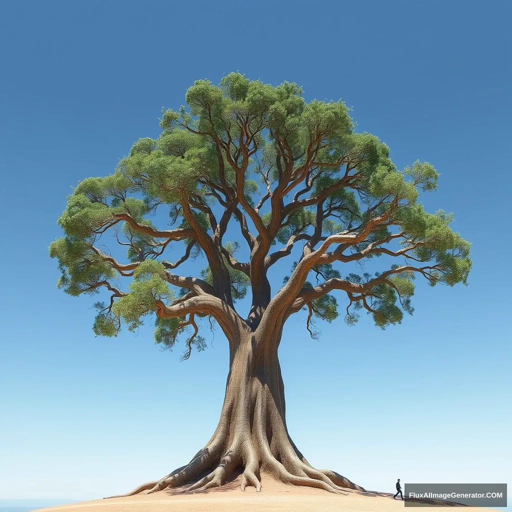 Create an image: A large tree grows from the bottom up. There are many branches on the trunk, and there is a person walking on the end of each branch.