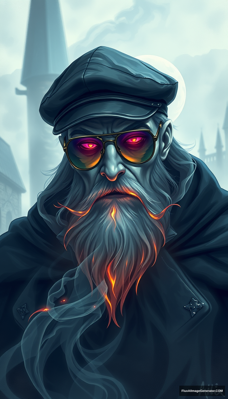 A ghostly lich, skin dissolving into iridescent smoke wisps, emanates an otherworldly aura. A charcoal flat cap perches atop, framing aviator glasses and a fiery beard. RPG-style artwork depicts this ethereal being against a misty, medieval backdrop, evoking both dread and fascination. - Image