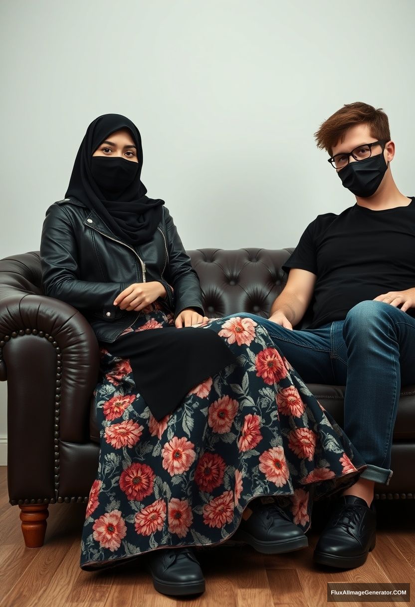 A girl wearing a black hijab burqa, not tall, with beautiful eyes, is dressed in a black leather jacket and the largest floral long dress, paired with black leather sneakers, sitting on a leather single wing sofa. Next to her is Jamie Dornan, wearing a black t-shirt, jeans, and black leather sneakers; he is a tall man with a fit body and wearing a black face mask, sitting near her. The scene is hyper-realistic, captured in studio photography.