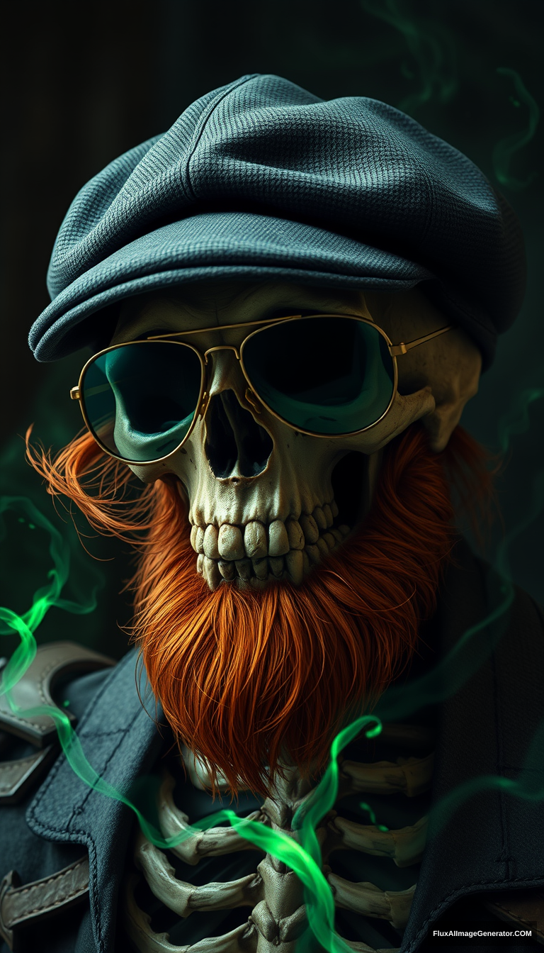 A hyper-realistic lich, body crumbling like ancient parchment, dons a charcoal flat cap atop his skeletal visage. Fiery copper beard wisps frame a jaw of exposed bone. Aviator glasses reflect eerie green light. Tendrils of dark magic swirl, hinting at centuries of forbidden knowledge. - Image