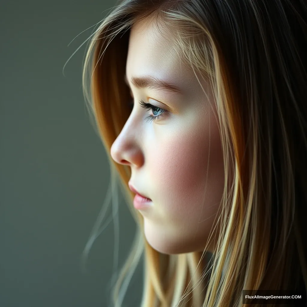 A side profile of a beautiful teenage girl, medium close-up.