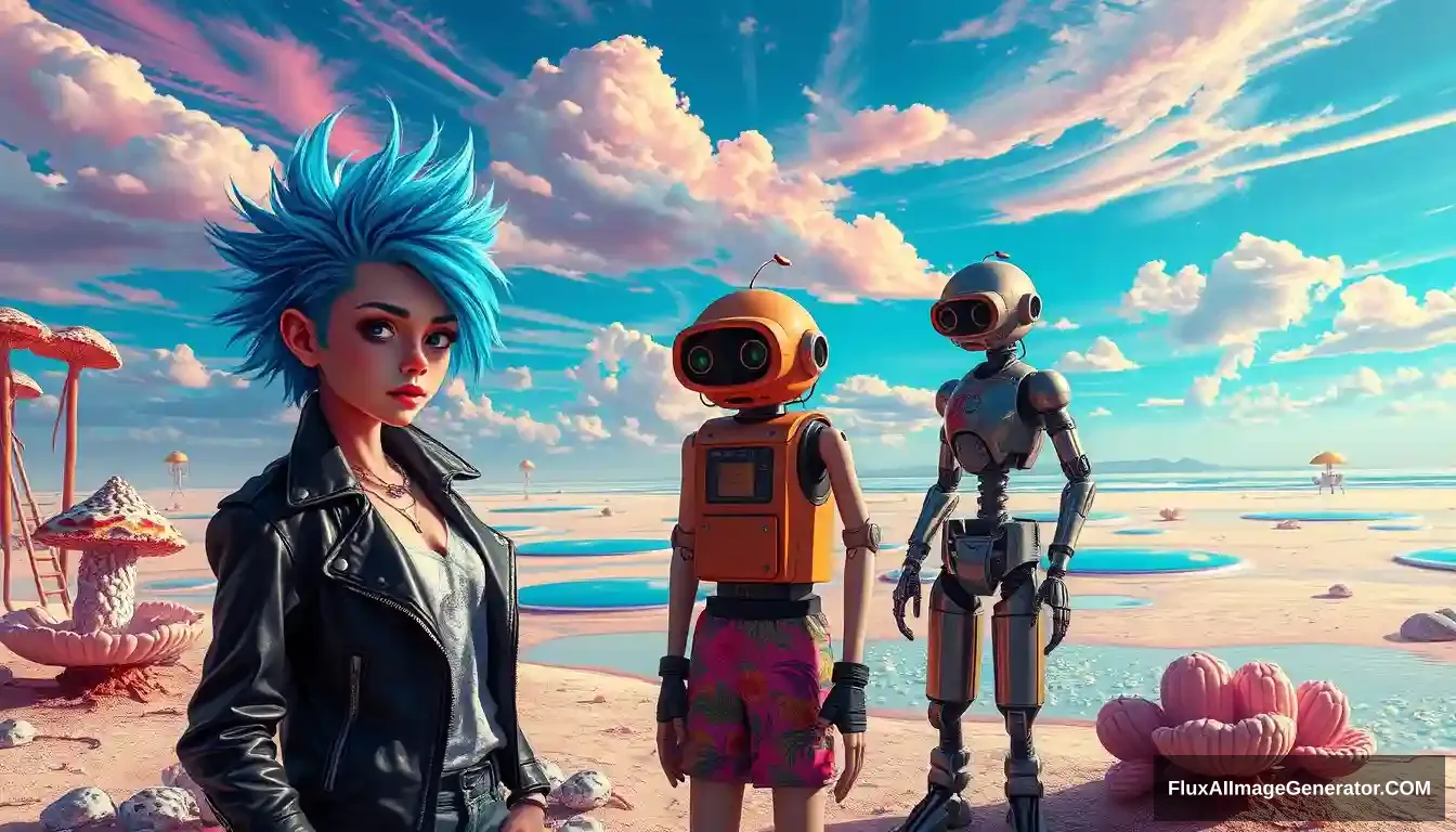 A vivid, high-contrast scene features a punk girl with electric blue spiky hair rendered in the intricate style of Enki Bilal with ray tracing effects. Photo: Digital painting of a vivid, high-contrast scene features a punk girl with electric blue spiky hair and a leather jacket, beside a charming retro-futuristic robot in Hawaiian shorts, on a surreal alien beach adorned with iridescent fungi and shimmering lakes, all beneath a vibrant, dreamlike sky. - Image