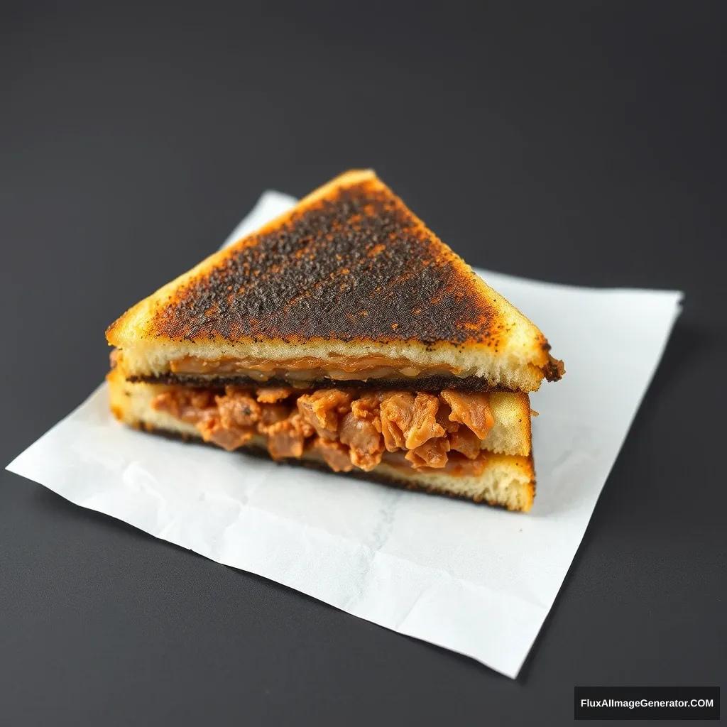 Black gold sandwich, triangular shape, right side view, three layers, the corners are sharp, filled with meat floss.