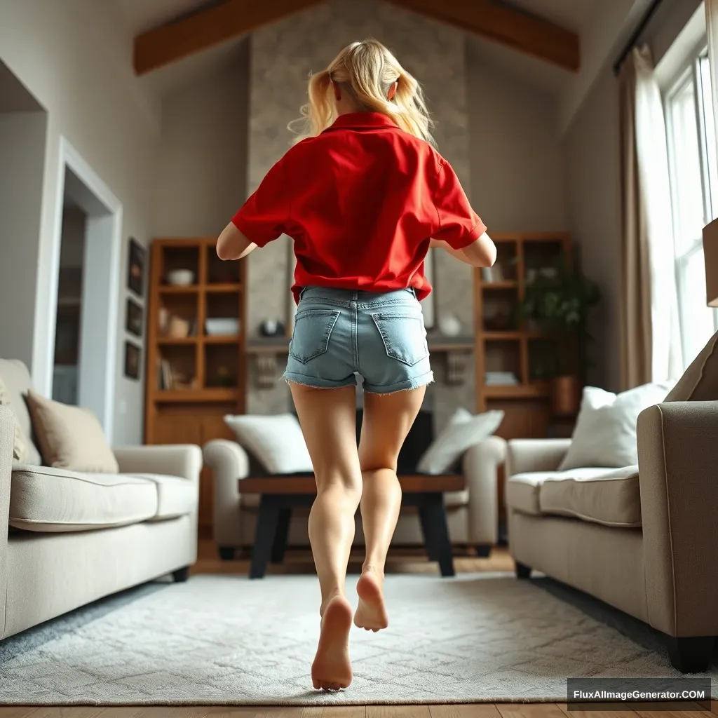 Front view of a blonde skinny woman in her large living room, wearing an oversized red polo shirt that is very unbalanced on one shoulder, along with knee-length light blue denim shorts. She is barefoot, facing the camera as she gets off her chair and runs towards it with both arms straight down at her sides.